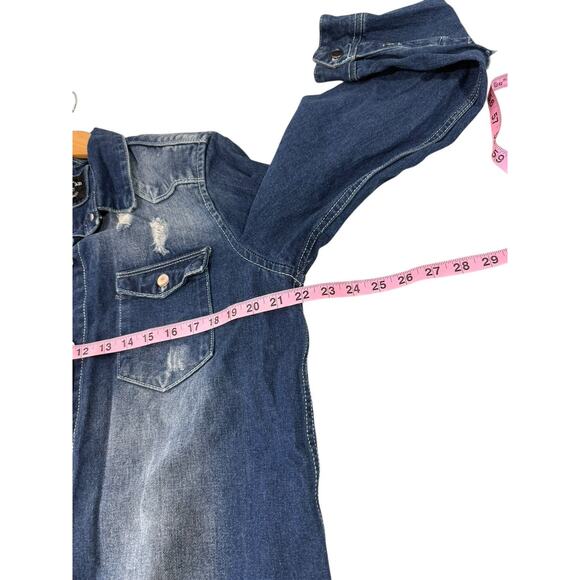 American Bazi Longline Denim Jacket Distressed Dark Wash Womens Large Boutique - Picture 5 of 7